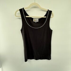 Christine Alexander Black Tank Top XL Rhinestone‎ Scoop Neck Cotton Stretch